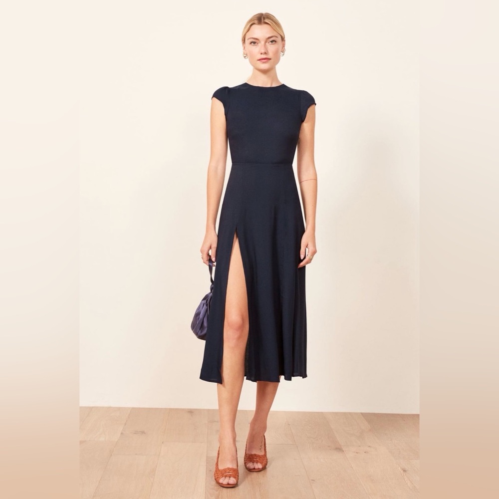 Reformation Navy Cap-Sleeve Midi Dress with Thigh Slit